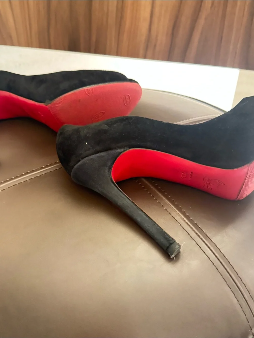 Christian Louboutin Black Suede Peep-Toe Pumps with Signature Red Sole